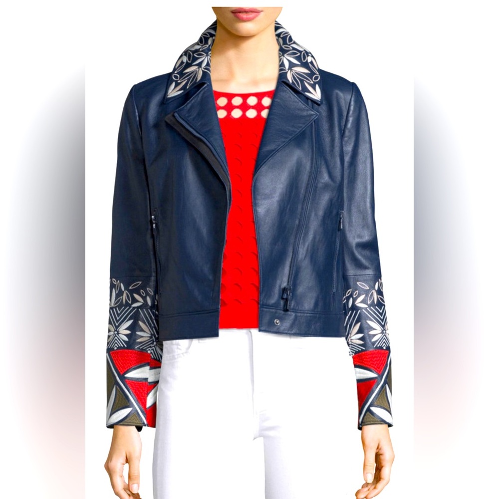 Tory Burch Pottery Embroidered Leather Moto Jacket. Navy Leather Jacket By Tory